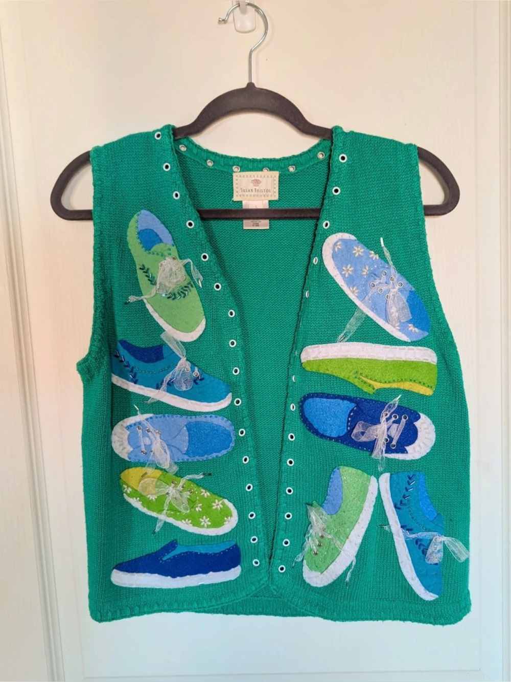 Vintage Susan Bristol Green Knit Vest with Shoe Appliqués
